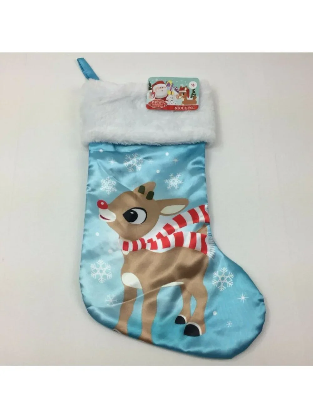Rudolph The Red-Nosed Reindeer Christmas Stocking Blue Satin & White Plush 15